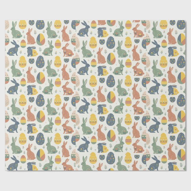 Papel De Presente Modern Art Easter Bunny & Floral Egg Pattern Wrap (Aberto)
