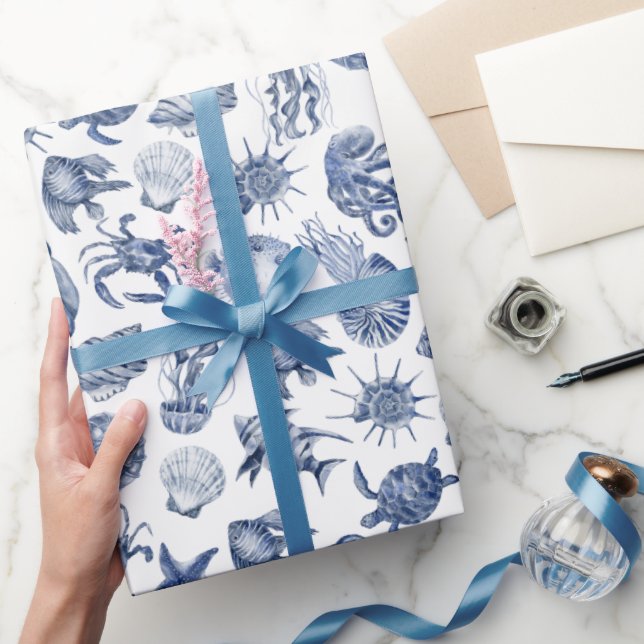 Papel De Presente Modern Beach Coastal Watercolor Wedding Blue (Presentear)