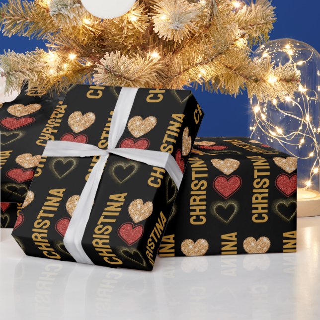 Papel De Presente Modern Black Gold & Red Hearts Name Valentines Day (Feriados)