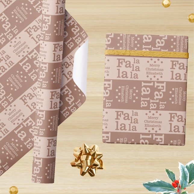 Papel De Presente Modern Fa La Mocha Simple Christmas Add Name (Create your own personalized Christmas wrapping paper in organic earthy colors of brown and tan)