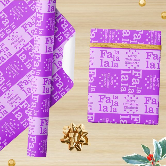 Papel De Presente Modern Fa La Purple Simple Christmas Add Name (A bold graphic holiday design and unexpected purple makes this Christmas wrapping paper fun)