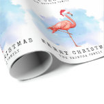 Papel De Presente Modern Flamingo Christmas Hat Watercolor<br><div class="desc">Um esplash de aquarela moderno em azul e roxo com um chapéu de santa rosado vestindo flamingo. Torná-lo pessoal adicionando seu nome de família.</div>