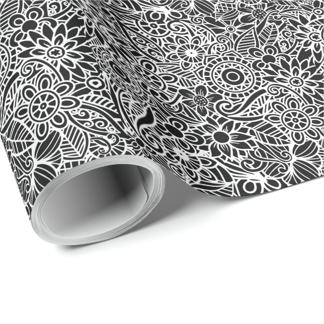Papel De Presente Modern Floral Black White Wrapping Paper (Ponta do rolo)
