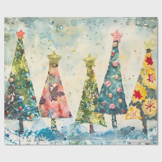 Papel De Presente Modern Geometric Patchwork Christmas Tree (Aberto)