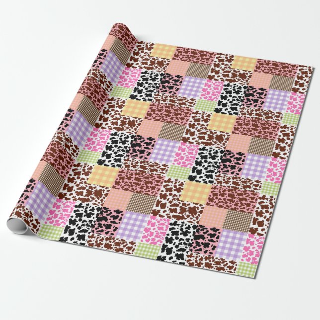 Papel De Presente Modern Gingham Cowskin Patchwork Quilt (Desenrolado)