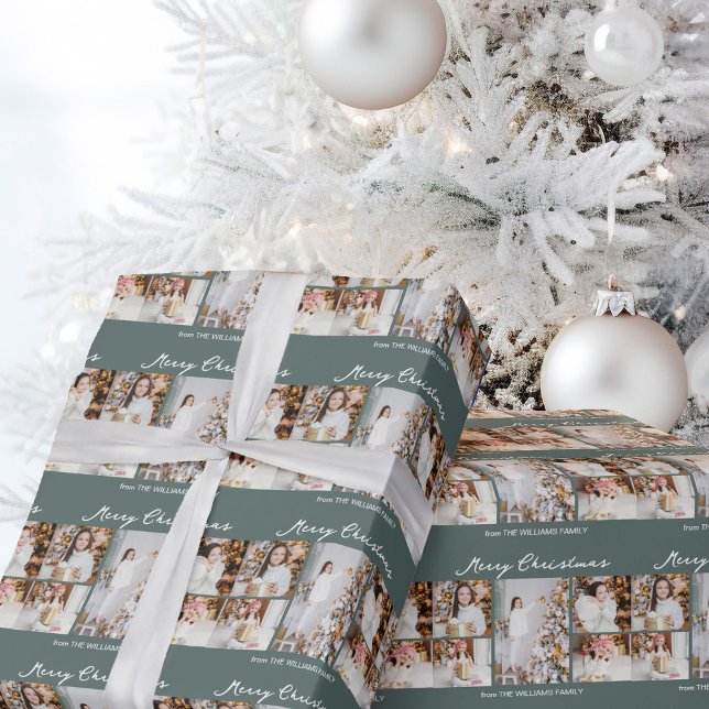 Papel De Presente Modern Merry Christmas Photo Collage Grey Green (Criador carregado)