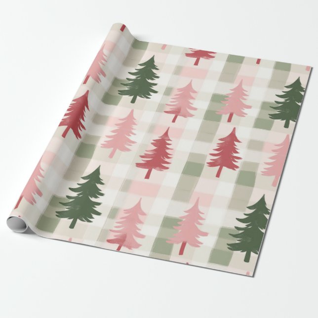 Papel De Presente Modern Pink & Green Pine Tree Plaid Christmas  (Desenrolado)