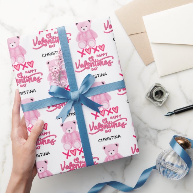Papel De Presente Modern Pink Happy Valentines Day Script Teddy Bear (Presentear)