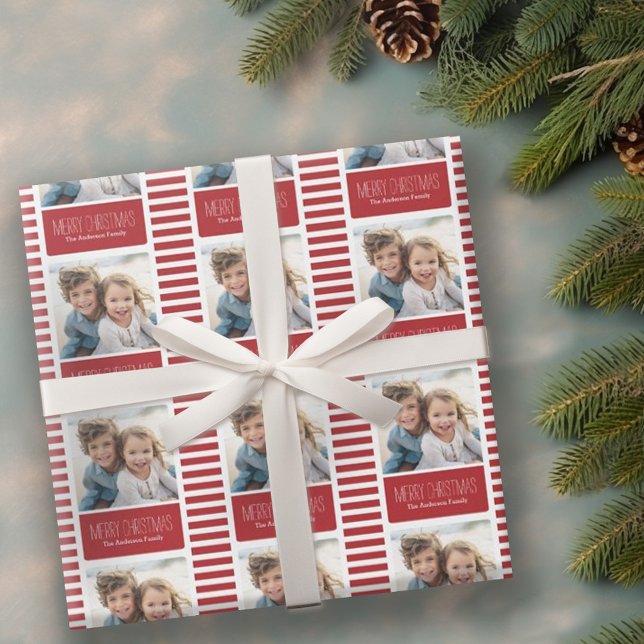 Papel De Presente Modern Red Merry Christmas One Photo (Personalized wrapping paper with 1 photo)