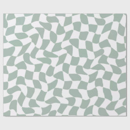 Papel De Presente Modern Sage Green & White Wavy Checkerboard