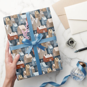 Papel De Presente Modern Scandi Winter Town Houses Padrão Vermelho A