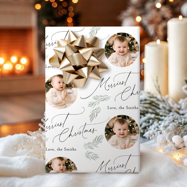 Papel De Presente Modern Script Merriest Christmas Family 2 photo (Modern Script Merriest Christmas Family 2 photo Wrapping Paper)
