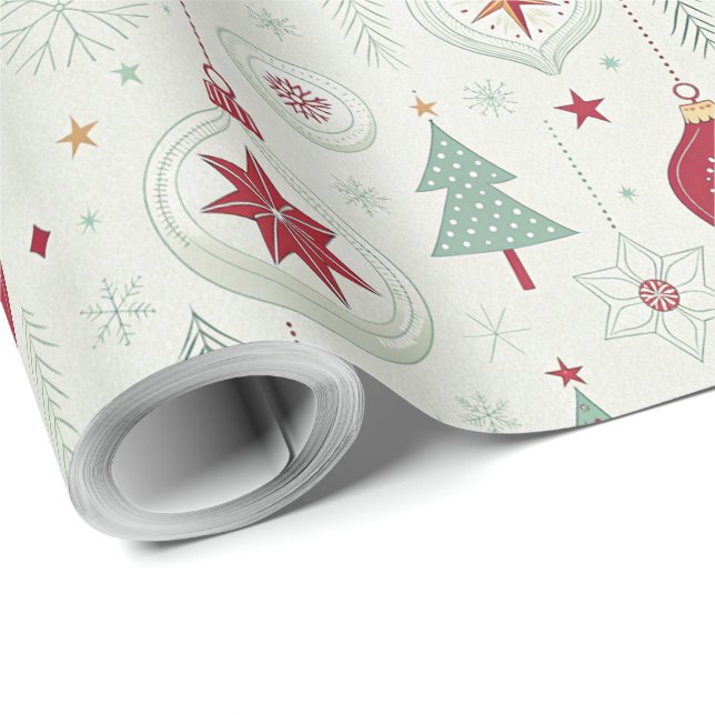 Papel De Presente Modern Simple Ornaments and Snowflakes Christmas (Ponta do rolo)