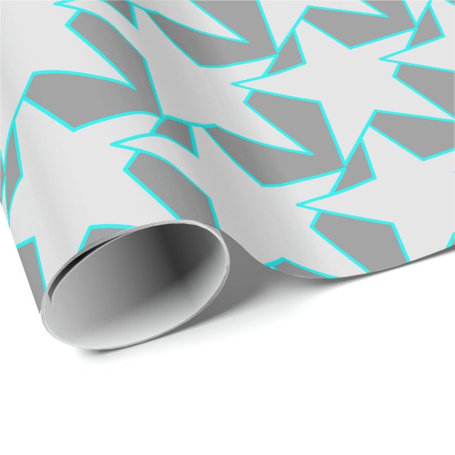 Papel De Presente Modern Star Geométrico - cinzas e turquesa (Ponta do rolo)