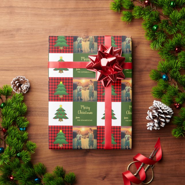 Papel De Presente Modern trees Merry Christmas family photo (Presente de Natal)