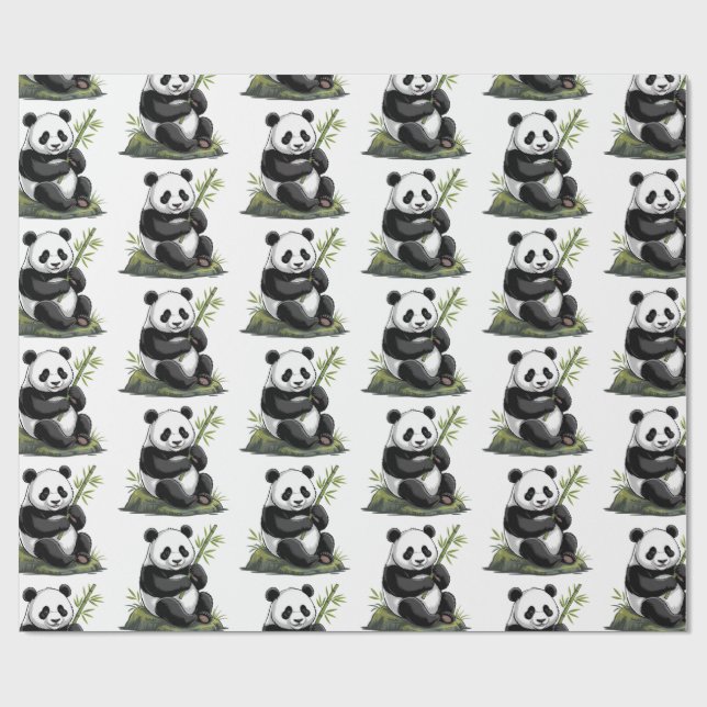 Papel De Presente Modern Trendy Cute Panda Bear With Greenery Bamboo (Aberto)