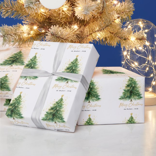 Papel De Presente Modern Watercolor Christmas Pine Tree  (Feriados)