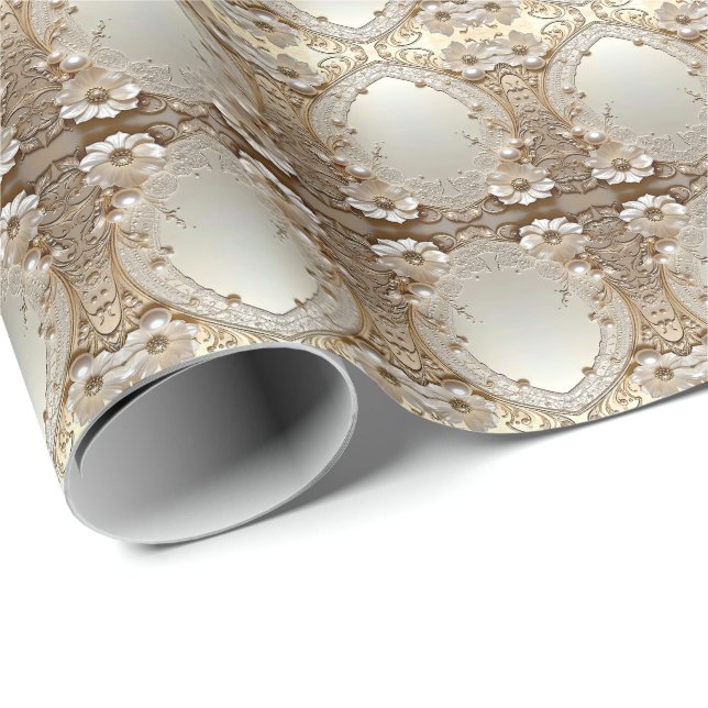 Papel De Presente Modern White Flowers Pearls Wrapping Paper (Ponta do rolo)
