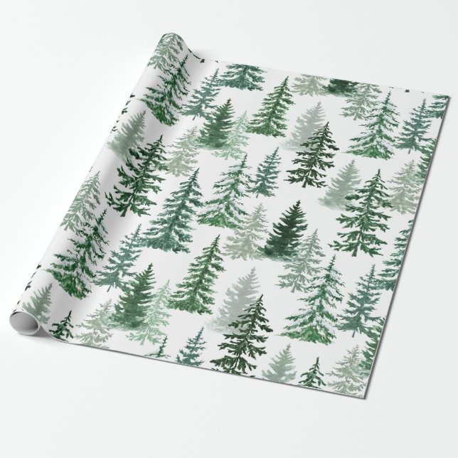 Papel De Presente Moderna Aquarela Pine de inverno Natal (Desenrolado)
