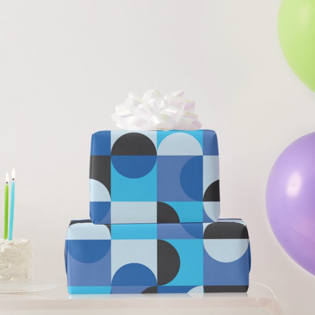 Papel De Presente Moderno de Meados do Século Meios círculos Azul Tu (Presentes para festas)