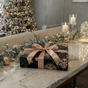 Papel De Presente Moderno Elegante Rosa Dourado Brilho Flocos de Nev