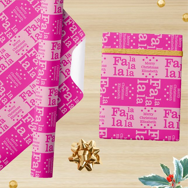 Papel De Presente Moderno Fa La Hot Pink Simples Nome do Natal (The hot pink with a bold typography and your text makes this Christmas wrapping paper truly custom)