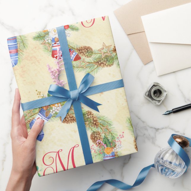 Papel De Presente Moderno Feliz Natal Wreath Red Yellow (Presentear)