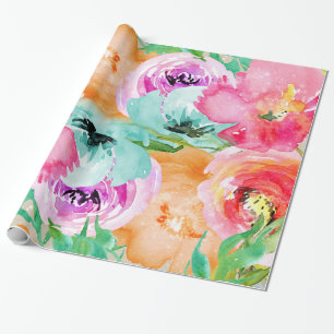 Papel De Presente Moderno Floral Colorido Vibrante Aquarela Chic