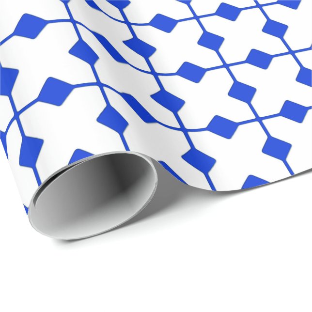 Papel De Presente Moderno Geométrico, Ouros - Azul cobalto e branco (Ponta do rolo)