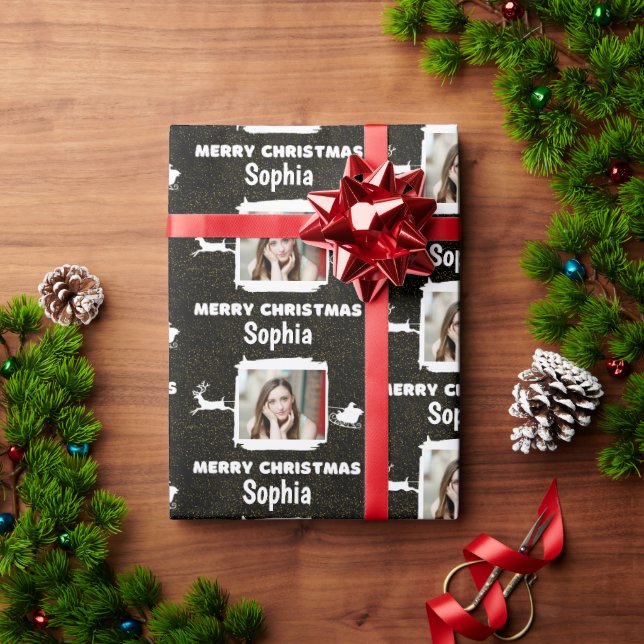 Papel De Presente Moderno Preto e Branco 1 Foto Feliz Natal (Presente de Natal)