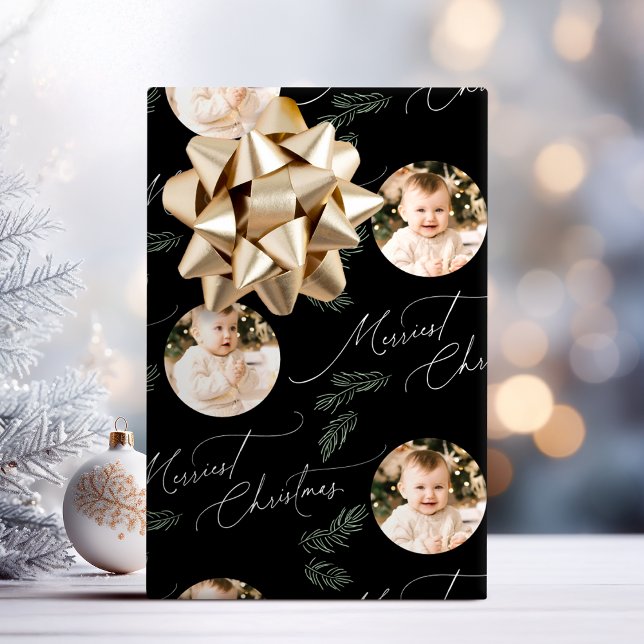 Papel de presente Moderno Script Feliz Natal Famíl (Modern Script Merriest Christmas Family 2 photo Wrapping Paper)