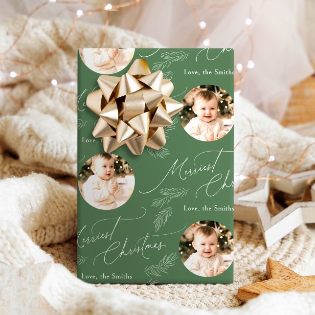 Papel De Presente Moderno Script Feliz Natal Família 2 foto (Modern Script Merriest Christmas Family 2 photo Wrapping Paper)