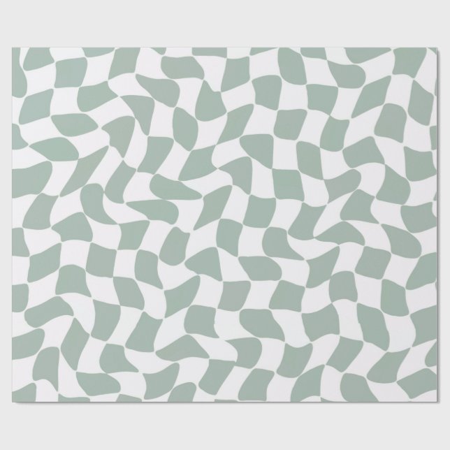 Papel De Presente Moderno Xadrez Ondulado Verde Sage e Branco (Aberto)