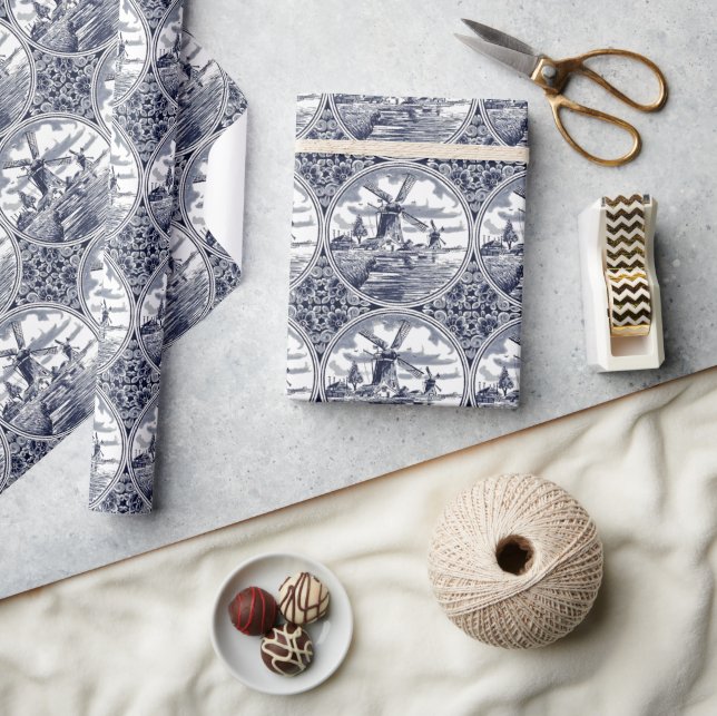 Papel De Presente Moinho de Vento Artístico Antigo Delft Azul Chic O (Artesanato)