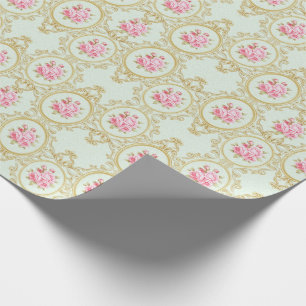 Papel De Presente Moldura Barroca em Ouro e Rosa Elegante