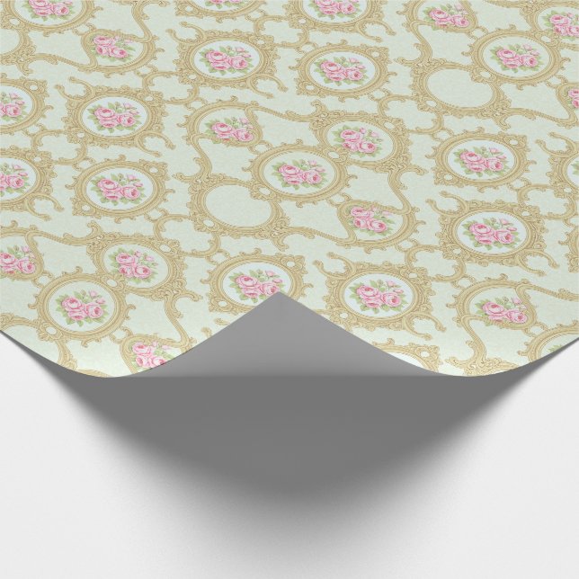 Papel De Presente Moldura Barroca Rosa Elegante e Dourada  (Ponta)