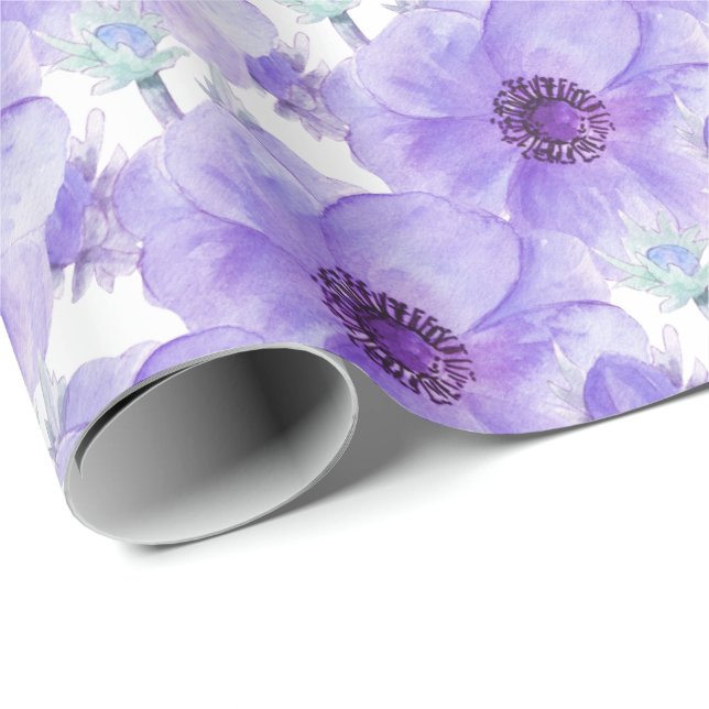 Papel De Presente Moldura de cor de água botânica com anêmona púrpur (Ponta do rolo)
