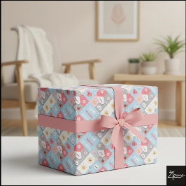 Papel De Presente Moldura de Grade de Coelho Florido Kawaii