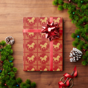 Papel De Presente Moldura de Ornamento Grego Padrão de Cavalo Dourad