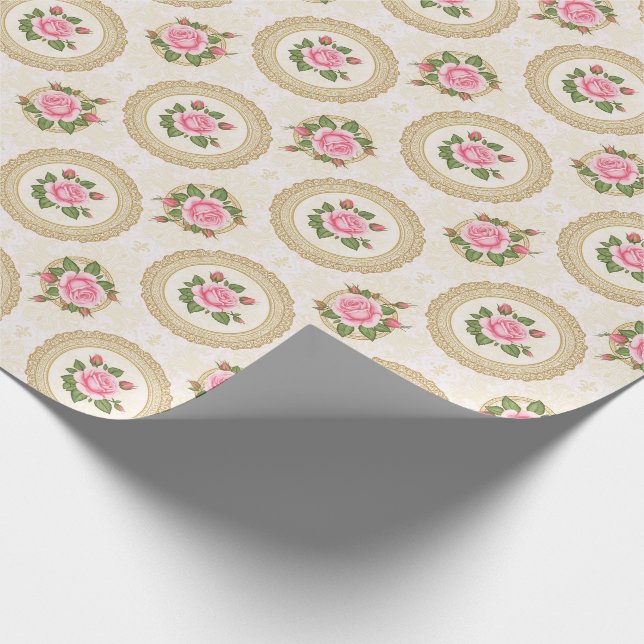 Papel De Presente Moldura Dourada Ornamentada e Rosas Rosa (Ponta)