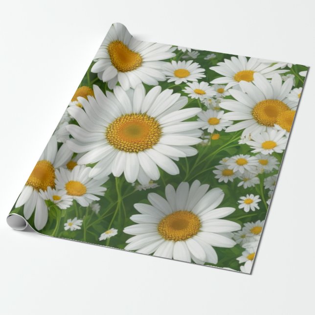 Papel De Presente Molho de margarida branco verde-floral (Desenrolado)