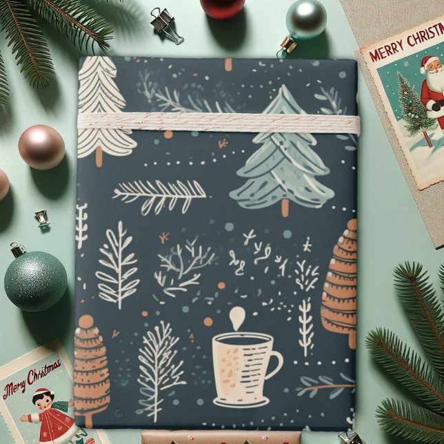 Papel De Presente Momentos De Inverno Cozy, Bolas de Café e Pinheiro (Criador carregado)