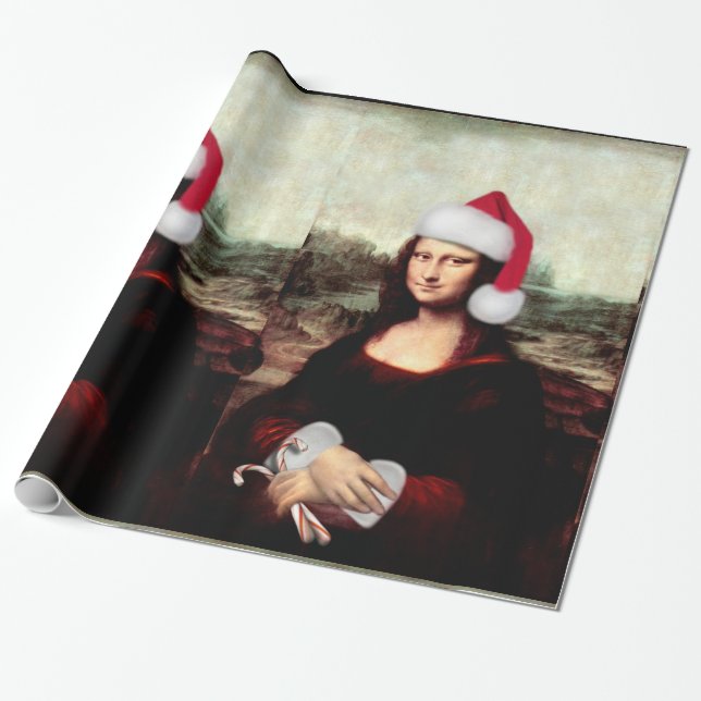 Papel De Presente Mona Lisa Chapéu de Papai Noel Natal (Desenrolado)