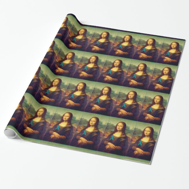 Papel De Presente Mona Lisa Com Fita Teal (Desenrolado)