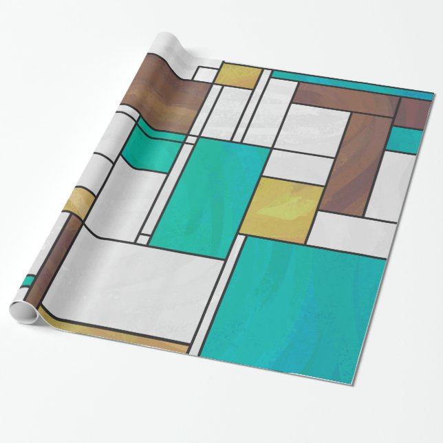 Papel De Presente Mondrian Brown Yellow Teal Impressão (Desenrolado)