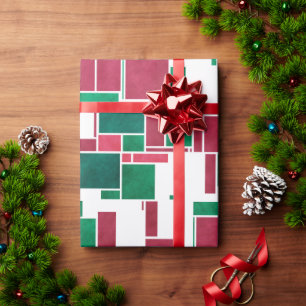 Papel De Presente Mondrian de Natal Vermelho e Verde Moderno