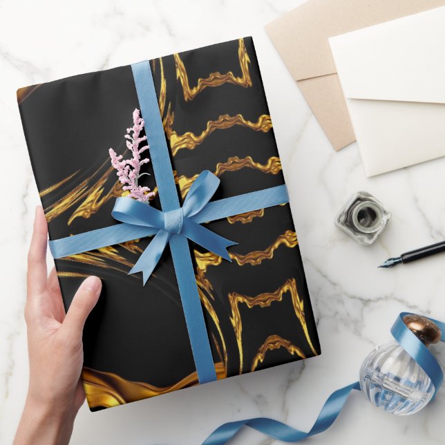 Papel De Presente Monochrome Opulence: Liquid Gold Black Designer  (Presentear)