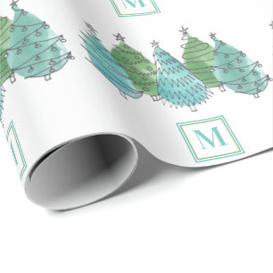 Papel De Presente Monograma Aquarela Árvores de Natal Verdes