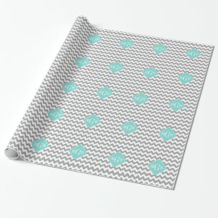 Papel De Presente Monograma branco cinzento de Quatrefoil 3 do Aqua