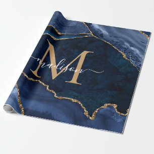 Papel De Presente Monograma Chic do Geode do Agate Dourado Azul do M